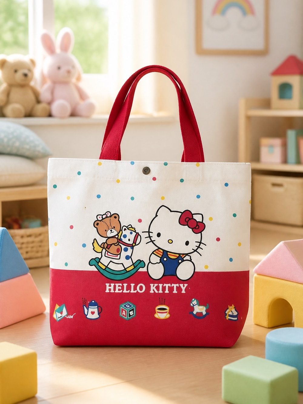 Sanrio Hello Kitty White/Red Canvas Medium Size Tote Bag NWT